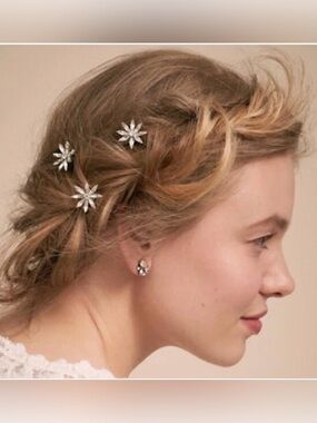 BHLDN Silver Floral Crystal Rhinestone Starburst Hair Pins Barrettes - Set of 3